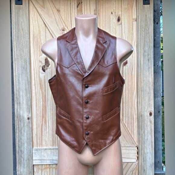 Vintage 70s Reed Sportswear Brown Leather Cowboy Western Disco Vest~40~ - Picture 1 of 7